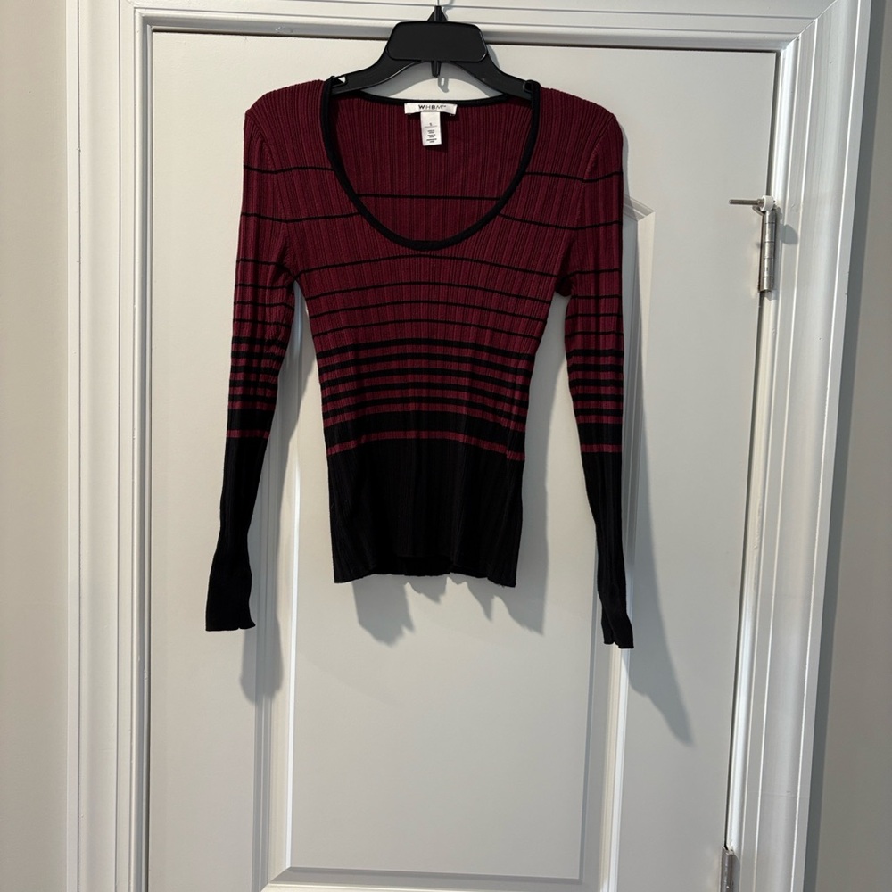 White House Black Market Burgundy and Black Striped Blouse